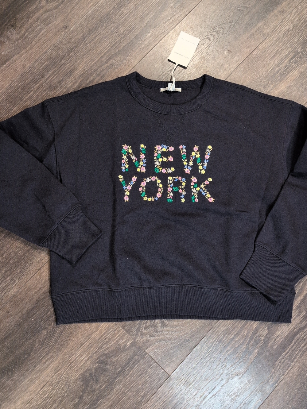 Women's New York Embroidered Floral Shrunken Crewneck Sweatshirt Navy XL NWT